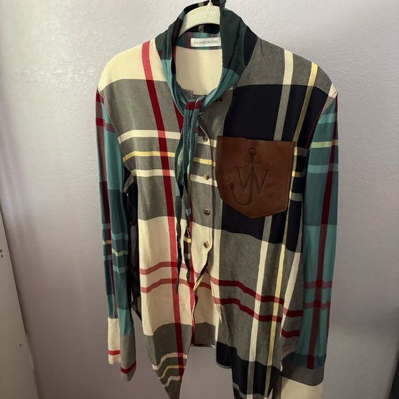 J W ANDERSON sz 4 Blue Long Sleeve Tie Plaid Button Down Leather Patch Pocket - Picture 2 of 16